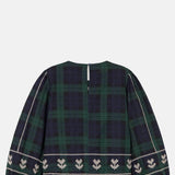 Embroidered Check Puff Sleeves Blouse Navy