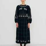 Embroidered Check Puff Sleeves Blouse Navy