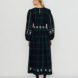 Embroidered Check Puff Sleeves Blouse Navy