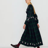 Embroidered Check Puff Sleeves Blouse Navy