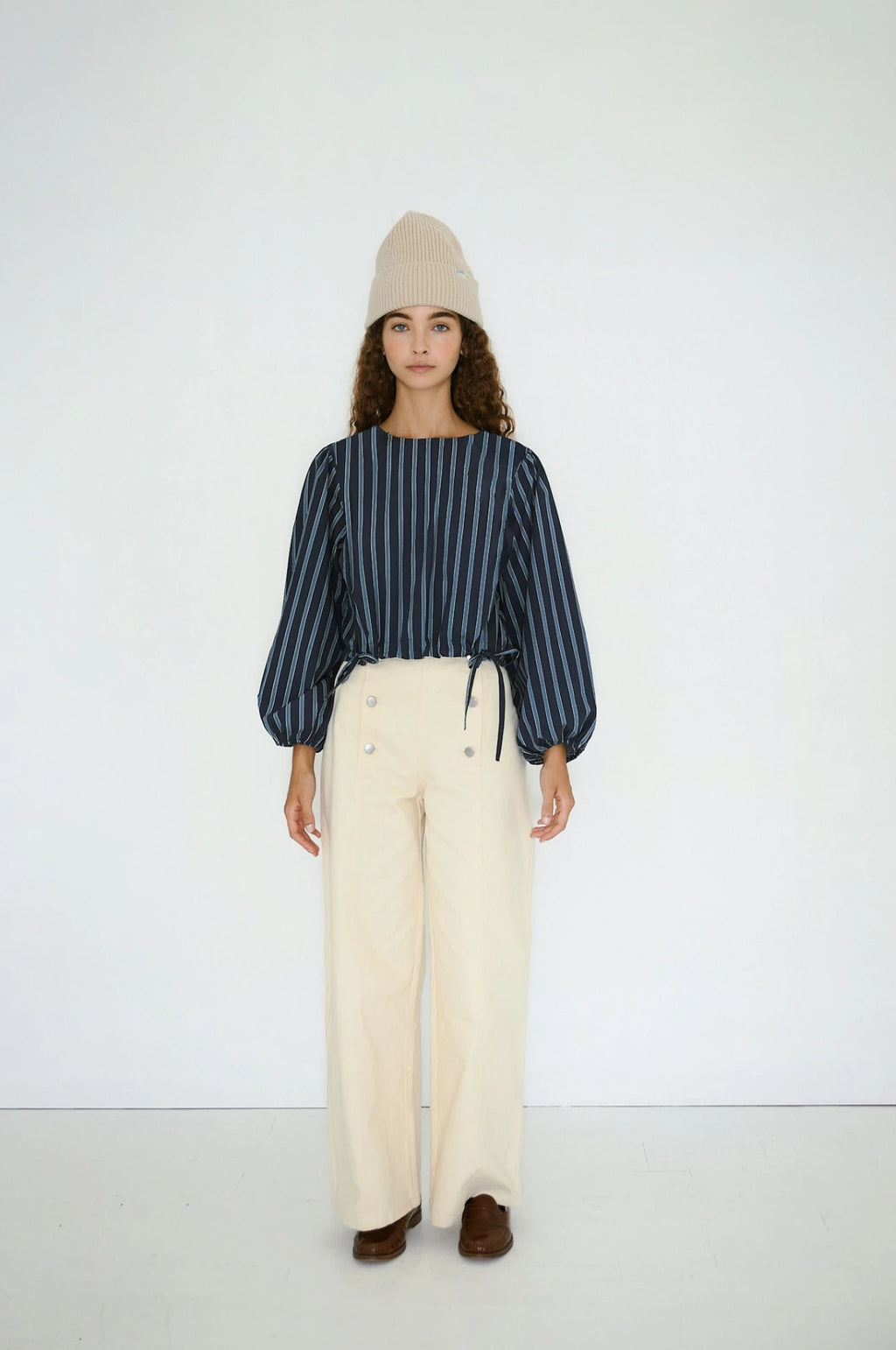 Striped Puff Sleeves Blouse Navy