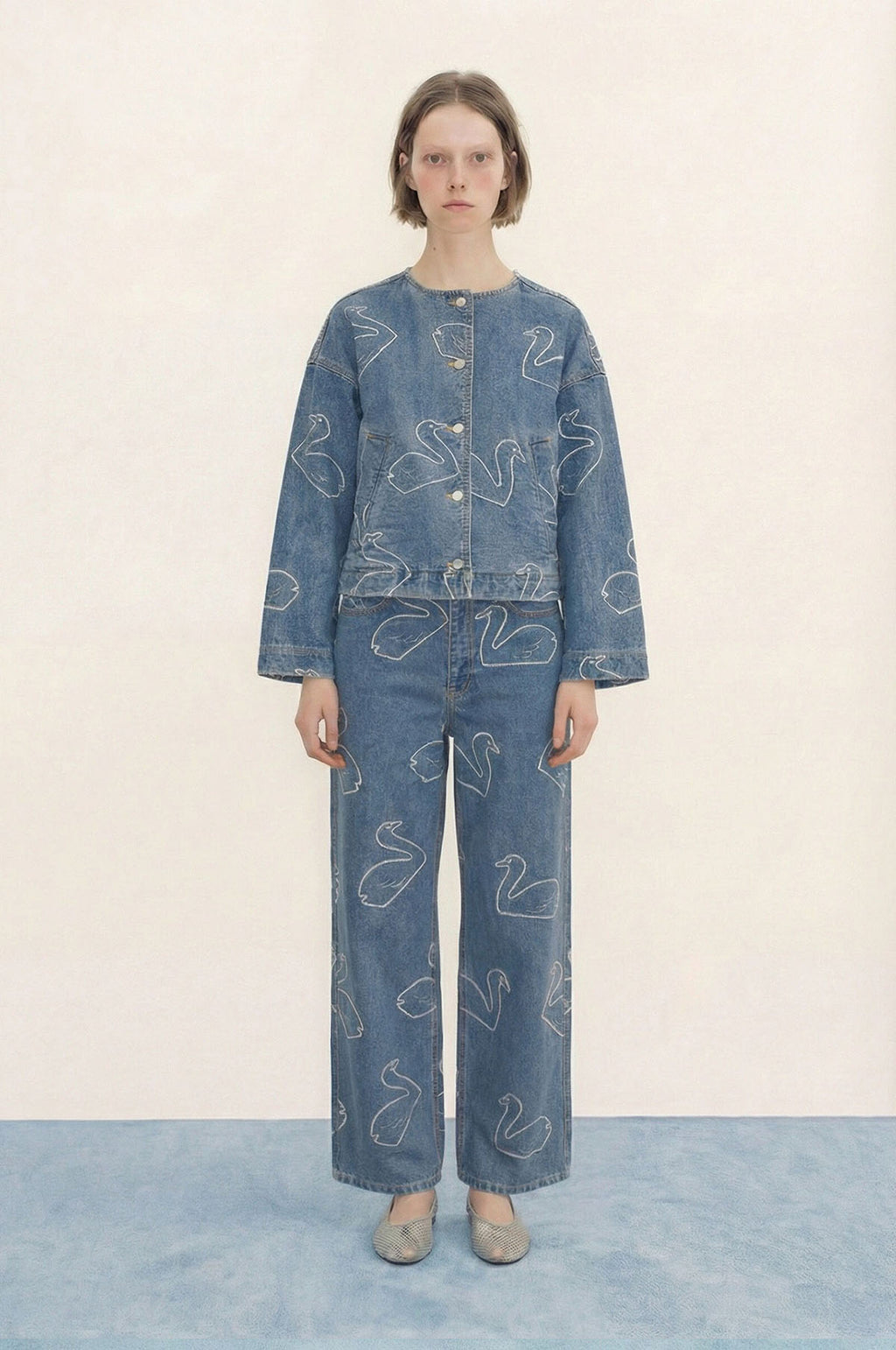 Swans Cropped Jacket Light Wash Denim