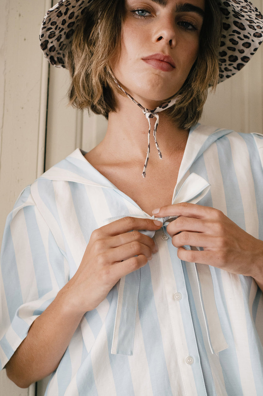 Wide Stripes Sailor Neck Blouse Pretty Blue