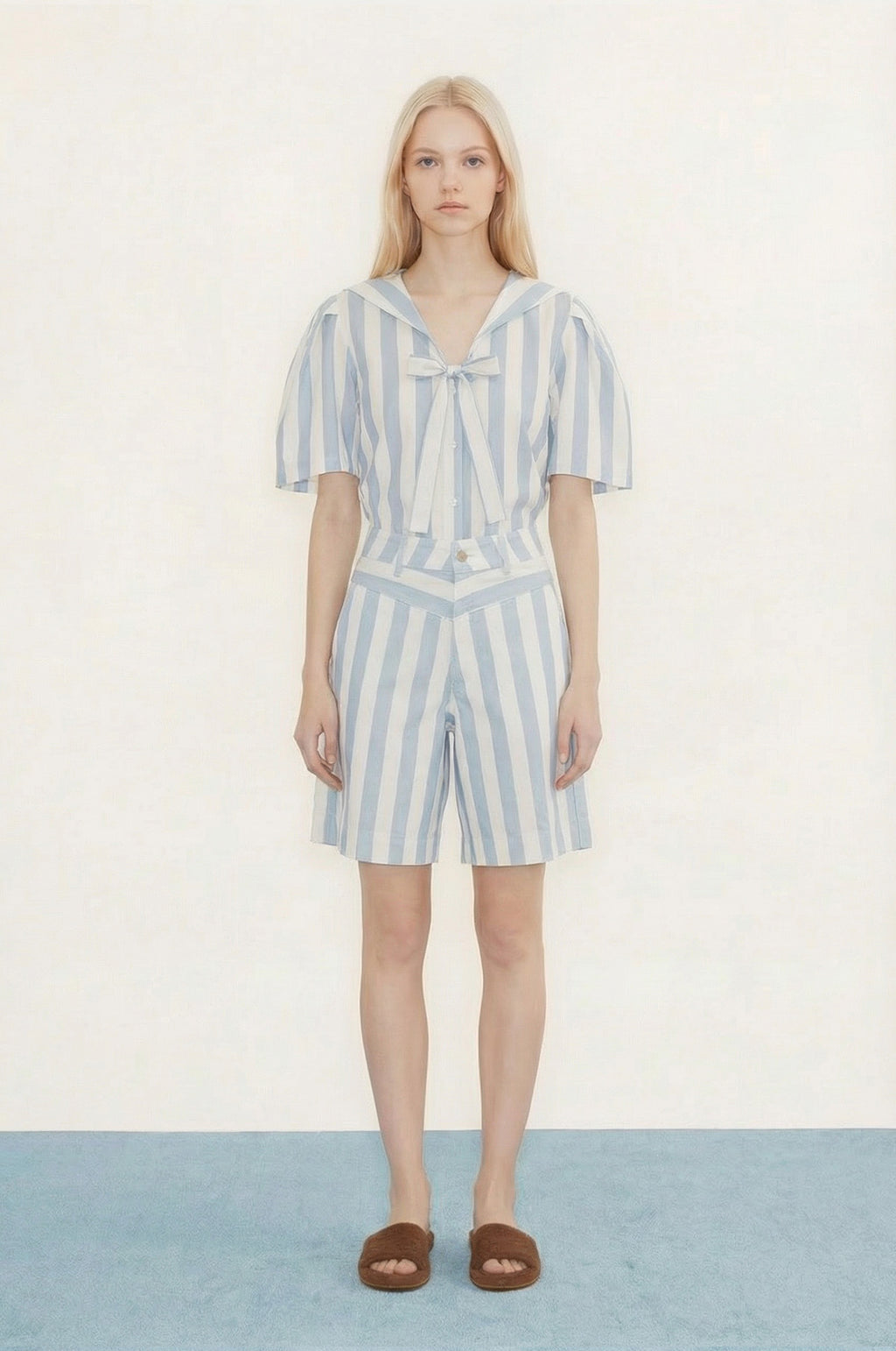 Wide Stripes Sailor Neck Blouse Pretty Blue