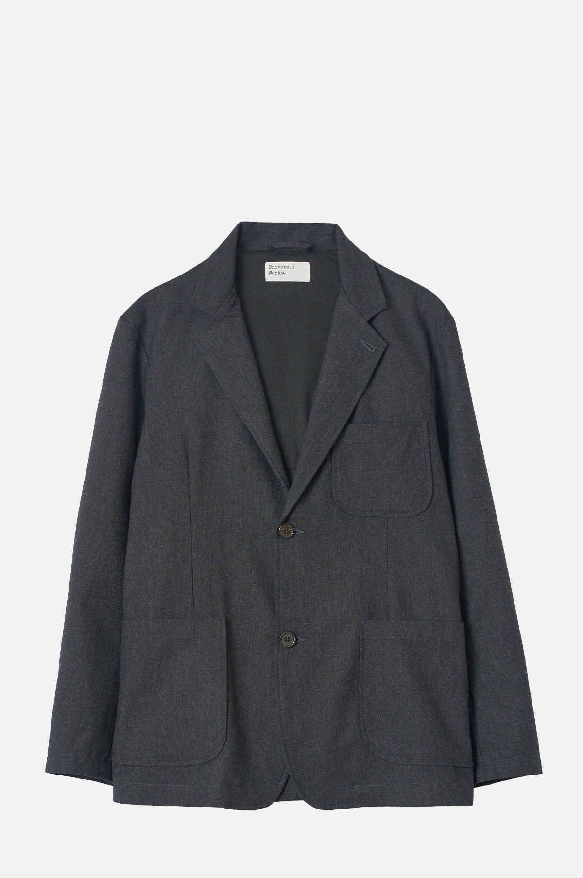 Universal Works Two Button Jacket Recycled IT Tweed Charcoal.