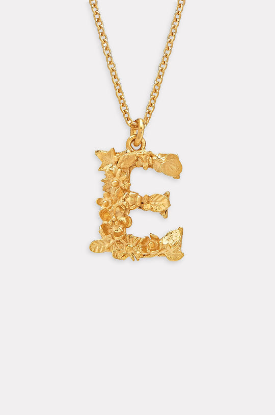 Floral Letter E Necklace Gold Plate