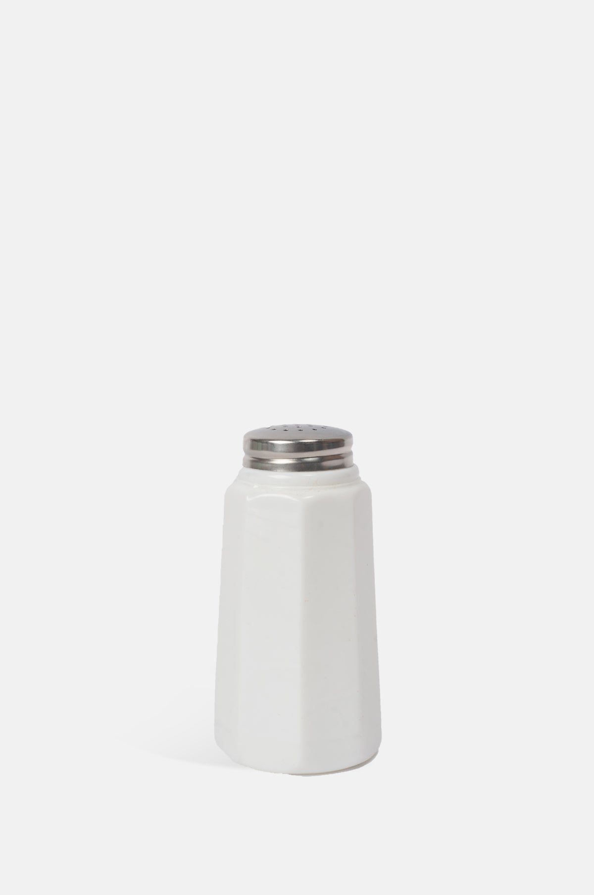 Mosser Glass moulded milk white salt/pepper panelled shaker with metal lid.
