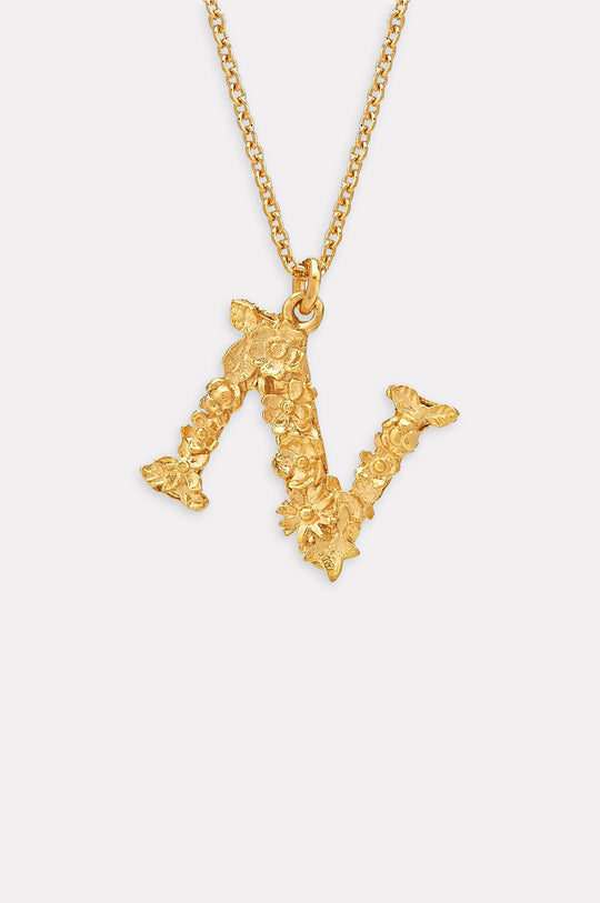 Floral Letter N Necklace Gold Plate