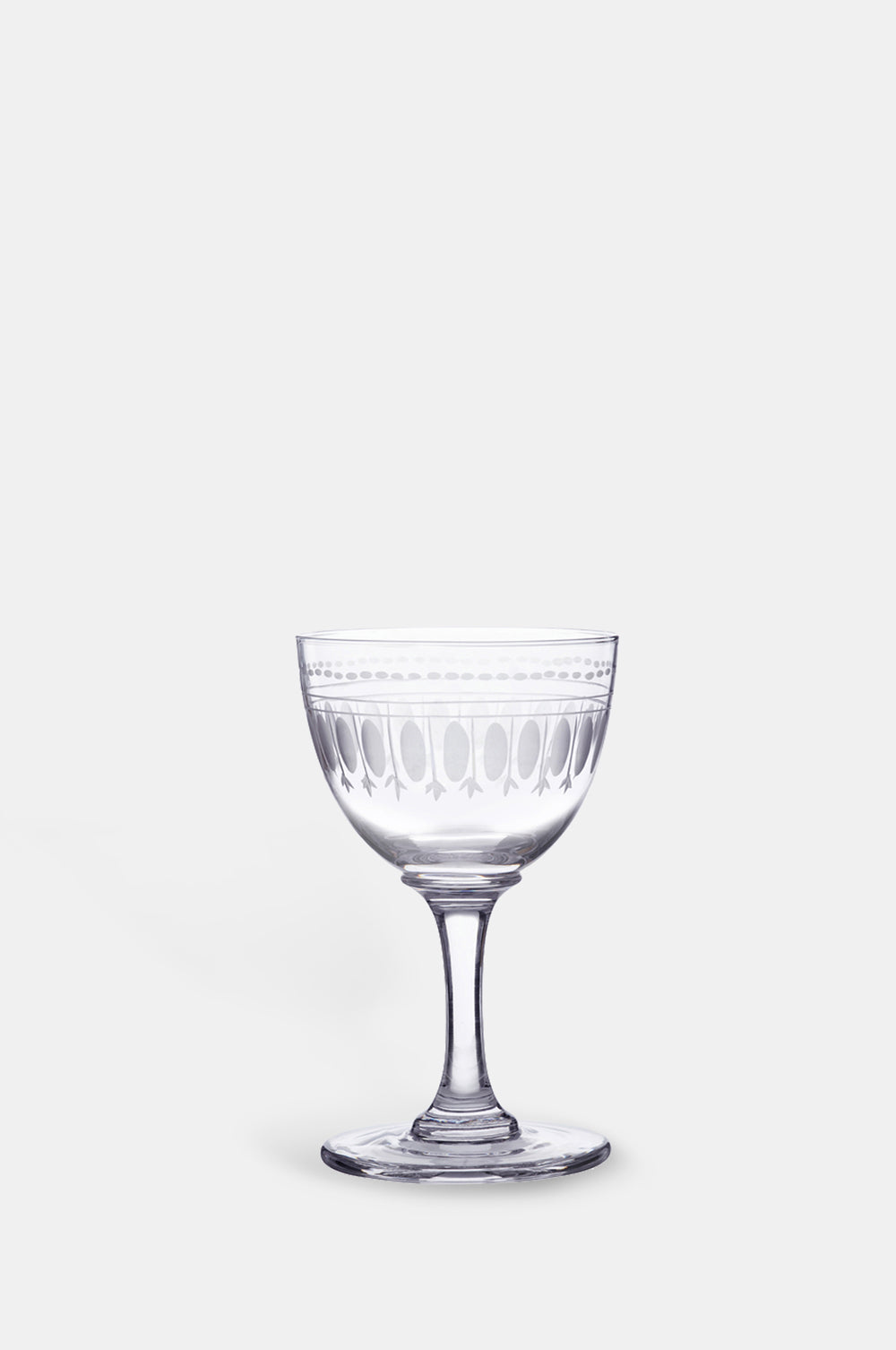 The Vintage List ovals liqueur glass set with band of ovals motifs.